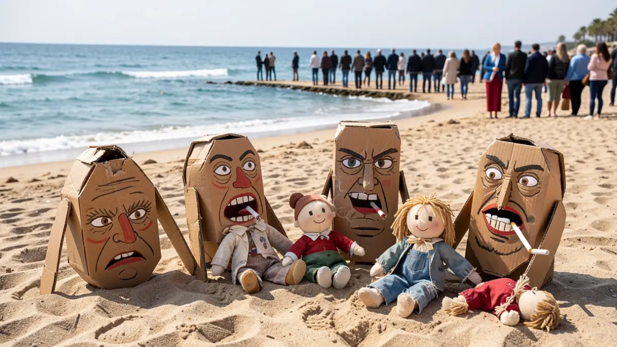 Imatge genèrica de figures artístiques fetes amb materials reciclats en una platja.